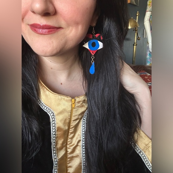 Handmade clay evil eye sacred heart earrings - Picture 3 of 5